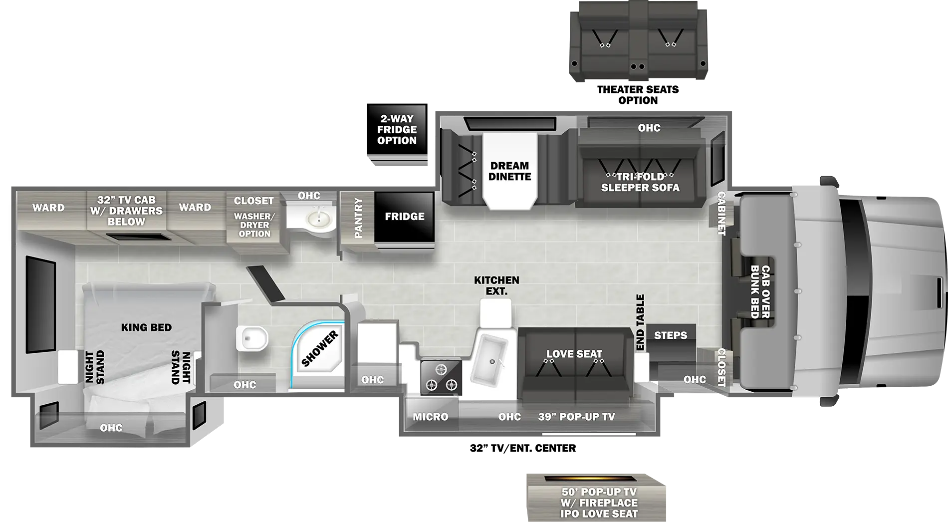 The 37TS has three slideouts and one entry. Exterior features include a 32 inch TV/entertainment center. Interior layout front to back: Front cab over bunk bed; off-door side slideout with tri-fold sleeper sofa, overhead cabinets, and dream dinette; door side closet, entry steps, overhead cabinets, end table, and slideout with love seat, pop-up TV, overhead cabinet, microwave, and peninsula kitchen counter with sink and extension; off-door side refrigerator and pantry; door side counter with overhead cabinet; door side shower and toilet with overhead cabinet in separate room; off-door side bathroom sink with overhead cabinet, closet with washer/dryer option, and TV cabinet with dresser below and wardrobes on either side; rear door side slideout with king bed, overhead cabinet and night stands on either side. Theater seats optional in place of sleeper sofa. Two-way refrigerator optional in place of standard refrigerator. Larger pop-up TV with fireplace optional in place of love seat and pop up TV.